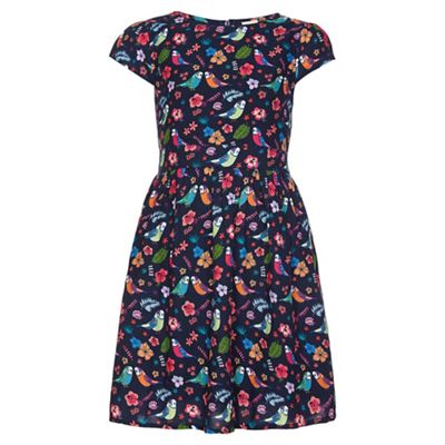 blue Bird Print Short Sleeve Party Dress